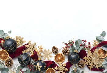 Elegant White Christmas Background with Black and Gold Baubles, Burgundy Velvet Ribbon, Glitter Snowflakes, Pinecones, Dried Orange Slices, Red Berries and Eucalyptus Border