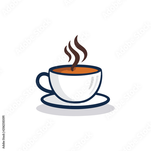 Minimalist vector illustration of a steaming cup of hot coffee on a saucer.