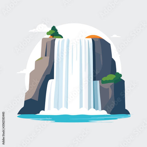 Flat vector illustration of a majestic waterfall cascading down rocky cliffs.