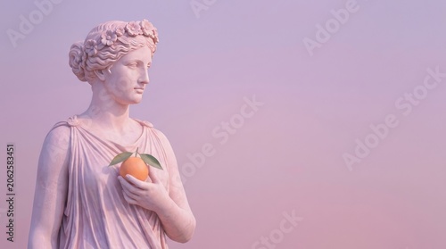 Classical statue of a woman holding an orange against a pastel background