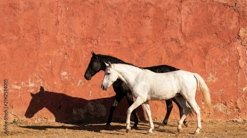 Two horses walking in front of a red wall