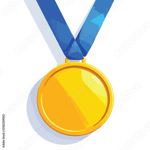 Shiny gold medal with blue ribbon isolated on white background.