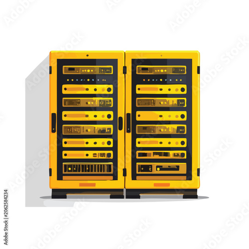 Pair of industrial yellow server racks with network equipment.