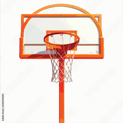 Orange basketball hoop and transparent backboard against white background.