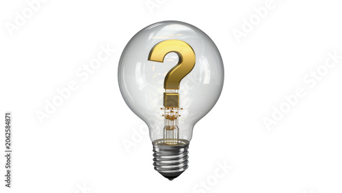 Konstfotografi Clear glass light bulb with golden question mark inside