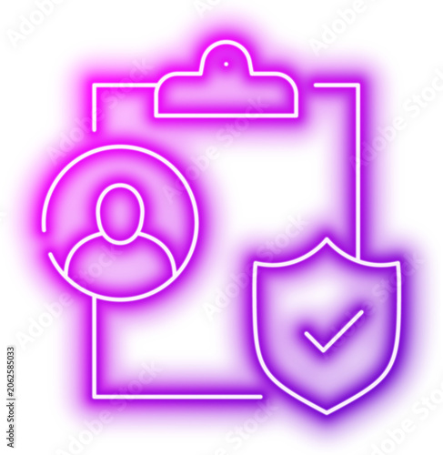 Document management icon with shield and user outline for security and protection. Neon glowing effect icon