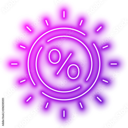 Minimalist sun and percentage icon representing solar energy efficiency. Neon glowing effect icon