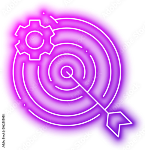 Target and gear icon representing precision and efficiency in business strategy. Neon glowing effect icon
