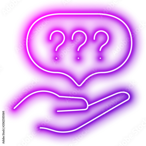 Open hand holding speech bubble with question marks icon. Neon glowing effect icon