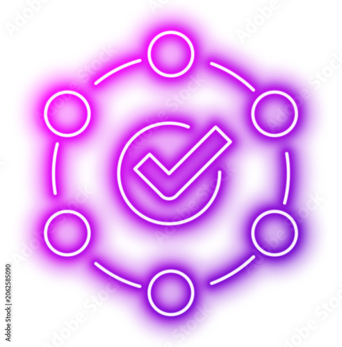 Checkmark icon surrounded by a network of connected circles. Neon glowing effect icon