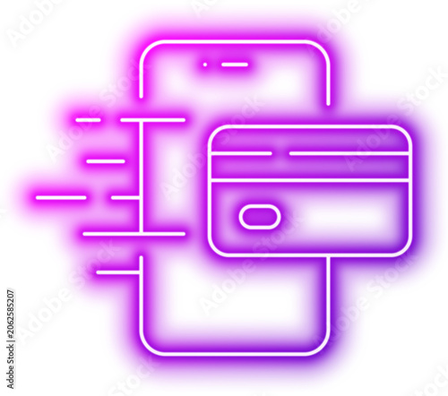 Mobile contactless payment concept with smartphone and credit card icon. Neon glowing effect icon