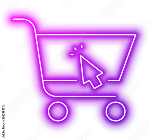 Shopping cart icon with cursor click for e-commerce and online retail concept. Neon glowing effect icon