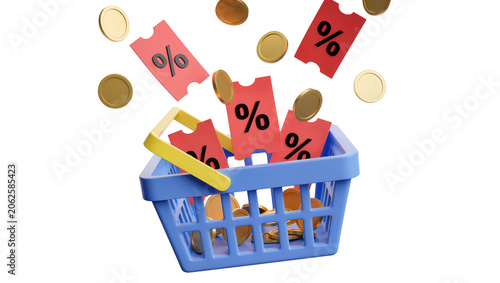 Blue shopping basket with gold coins and red discount coupons