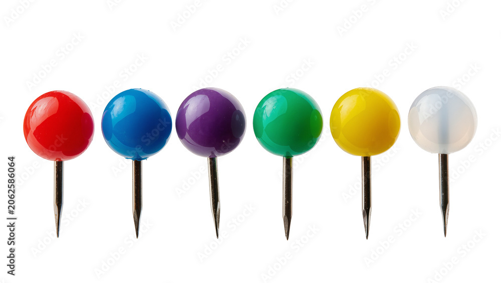 Naklejka premium Six colorful push pins in a row red blue purple green yellow, and white