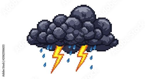 Pixel art storm cloud with lightning and rain, retro game style