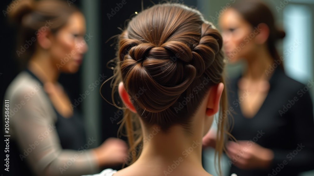 Fototapeta premium Hairstylist creating elaborate braided updo with gold pins, strands weaving precisely, soft studio bokeh mirror reflection