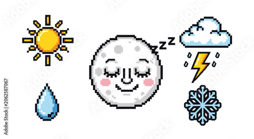 Pixel Art Weather Icons: Sun, Moon, Rain, Snow, Storm, Droplet
