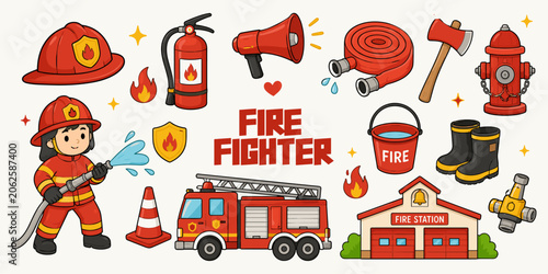 Firefighter Equipment Cartoon Vector  Set Firefighter Doodle Sticker Collections Fire Safety, Fire Truck and Emergency Rescue