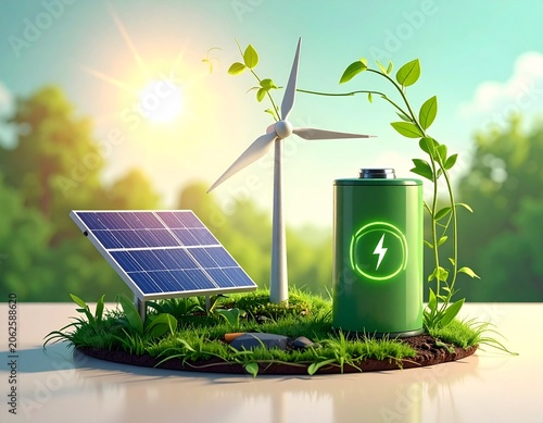 Sustainable energy generation with solar panels and wind turbines powering a battery with green plants around