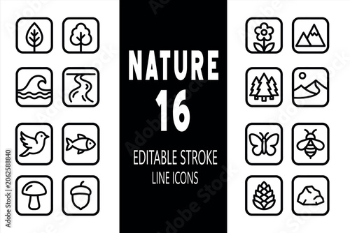 Set of 16 modern, clean line icons related to nature, environment, and wildlife, featuring editable strokes for versatile and professional design projects.