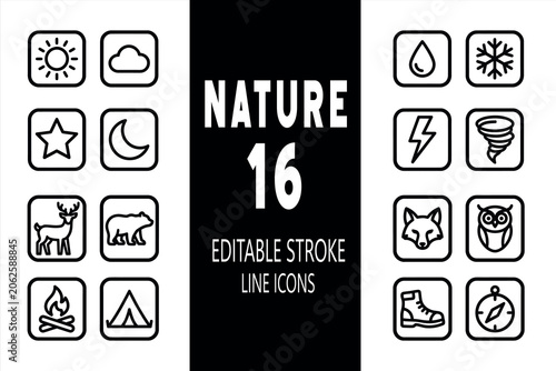 Set of 16 modern, clean line icons related to nature, wildlife, and outdoor adventure, featuring editable strokes for versatile and professional design projects.