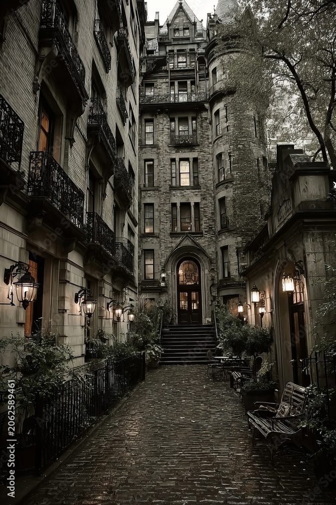 Fototapeta premium Mysterious Gothic Architecture - A Dark and Enigmatic Urban Landscape.