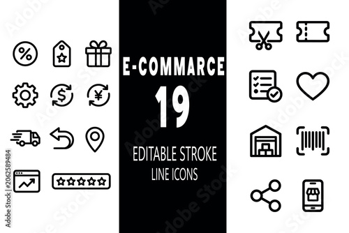 Set of 19 modern, clean line icons for e-commerce, retail, and online shopping, featuring editable strokes for versatile and professional design projects.