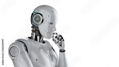 Картината върху платно Humanoid robot with blue eyes and glowing circular detail on head thinking