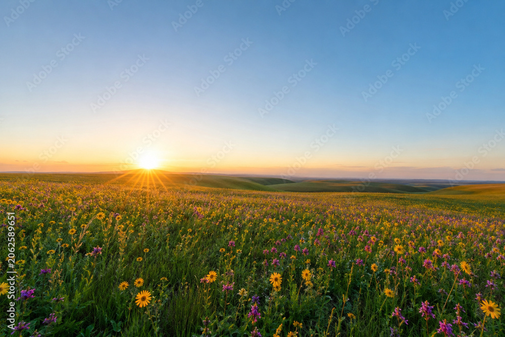 Obraz premium Realistic Spring Nature Photo of Sunrise Over Flower Field