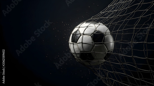 Close up of a soccer ball hitting the goal net at night with football competition dramatic