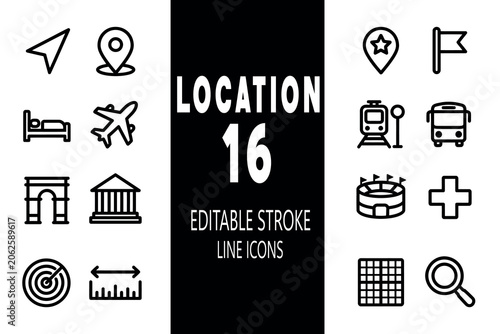 Set of 16 modern, clean line icons related to location, travel, and urban navigation, featuring editable strokes for versatile design projects.