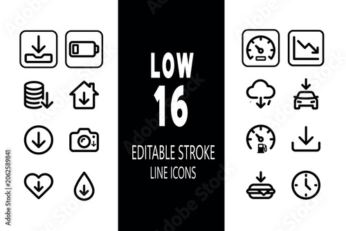 Set of 16 modern, clean line icons related to the concept of 