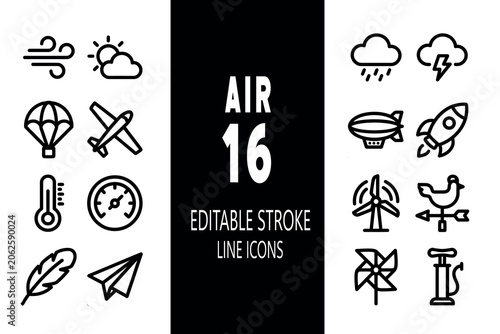 Set of 16 modern, clean line icons related to air, weather, and aviation, featuring editable strokes for versatile design projects.