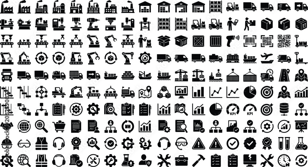 Obraz premium Heavy Industry Manufacturing and Global Logistics Supply Chain Mega Icon Set with Robotic Automation, Warehouse Operations, Cargo Transport, and Business Management Analytics Vectors