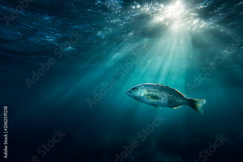A solitary fish swims gracefully in deep blue ocean waters, illuminated by striking sunrays filtering down from the surface, creating a peaceful scene.