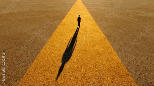 Silhouette of a Person Walking Alone on a Vast Golden Pathway at Sunset
