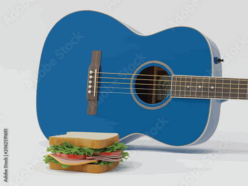Blue Guitar and Sandwich on White Background