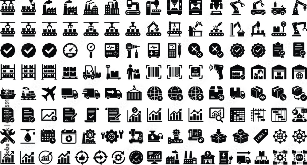 Obraz premium Smart Factory Manufacturing and Logistic Supply Chain Mega Icon Set with Robotic Automation, Warehouse Storage, Global Shipping, Quality Inspection, and ERP Management Vectors