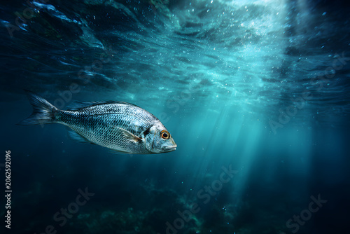 A solitary fish swims gracefully in deep blue ocean waters, illuminated by striking sunrays filtering down from the surface, creating a peaceful scene.