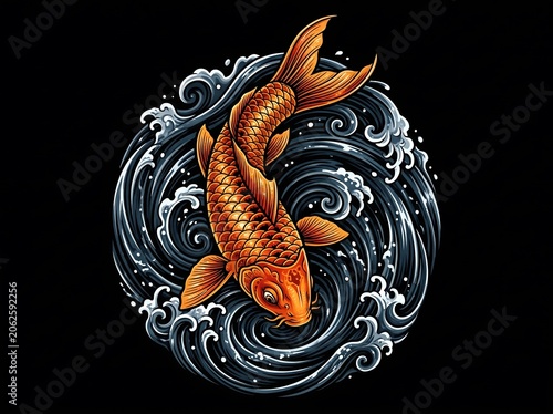 Golden Koi Fish Diving in Circular Wave Japanese Tattoo Art on Black Background