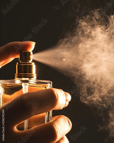 Hand spraying perfume bottle close-up macro shot fragrance fumes rise