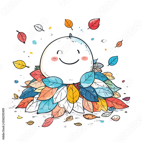 Cute cartoon character sitting in a pile of colorful autumn leaves.