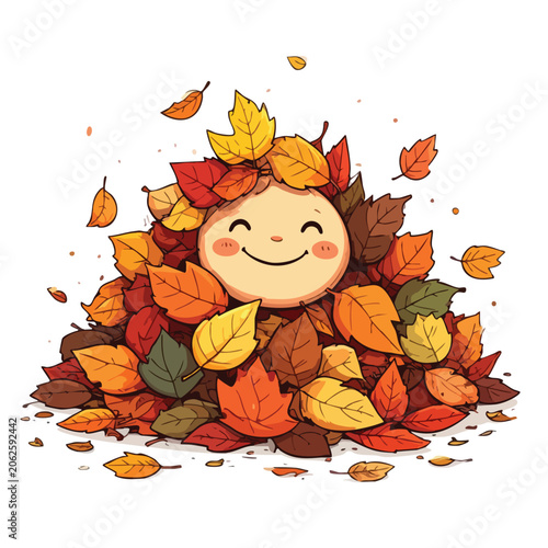 Cute cartoon character face peeking out from a pile of colorful autumn leaves.