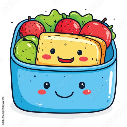Cute cartoon lunch box character with a happy sandwich and fresh fruit.