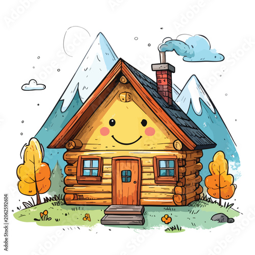 Cute cartoon log cabin with a happy smiling face.