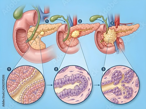 Stages of Pancreatic Cancer Progression and Histology Diagram