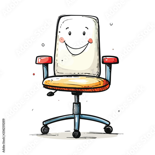 A cute cartoon office chair with a happy smiling face.