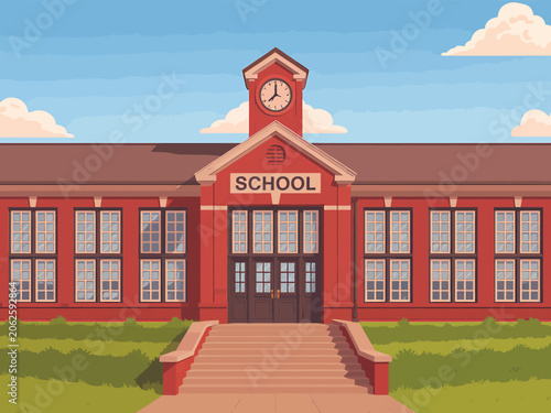 Red School Building with Clock Tower under Blue Sky