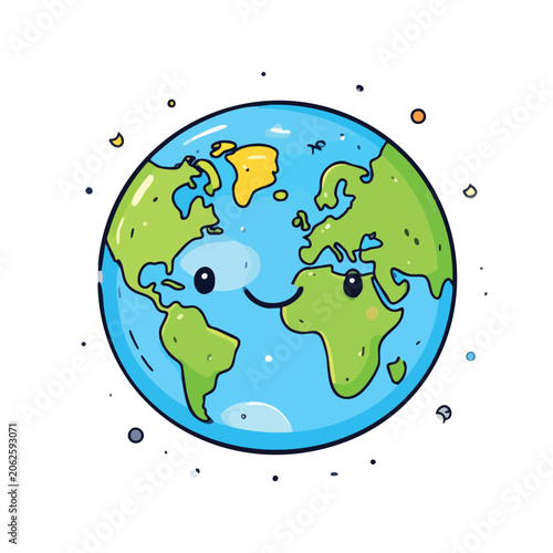 Cute cartoon Earth character with happy smiling face.