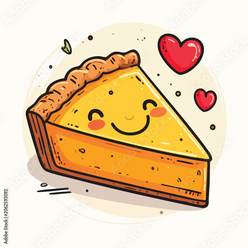 Cute cartoon slice of pumpkin pie with a happy smiling face.